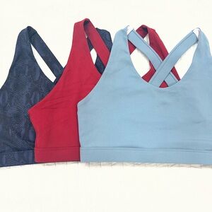 Fabletics sports bra bundle of 3- blue, burgundy, and blue snakeskin print- M
